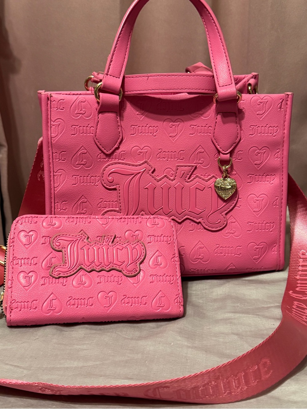 Juicy Couture Hot Pink Embossed Tote and Wristlet Set